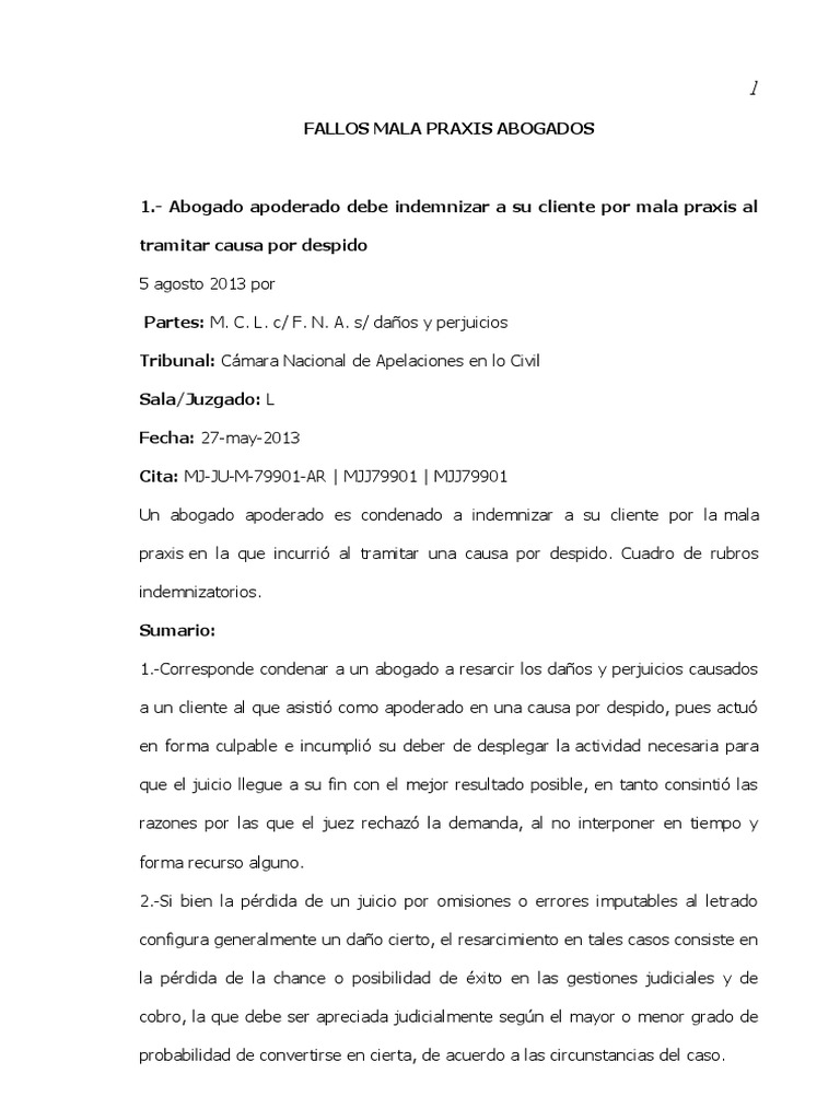 Fallos sobre mala praxis de abogados | PDF | Daños y perjuicios