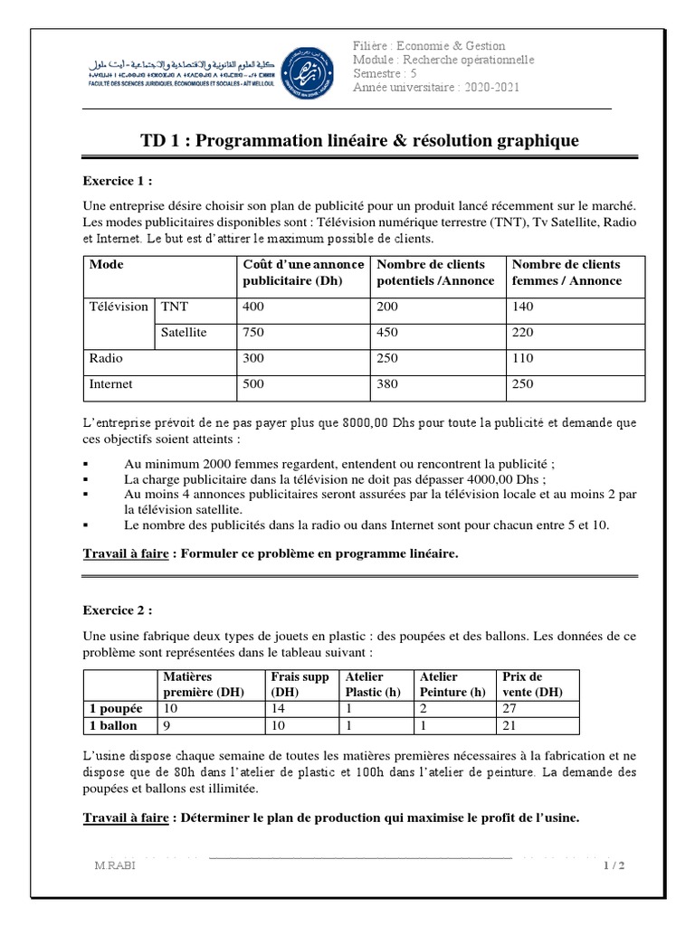 TD 1: Programmation Linéaire & Résolution Graphique | PDF | Publicité ...