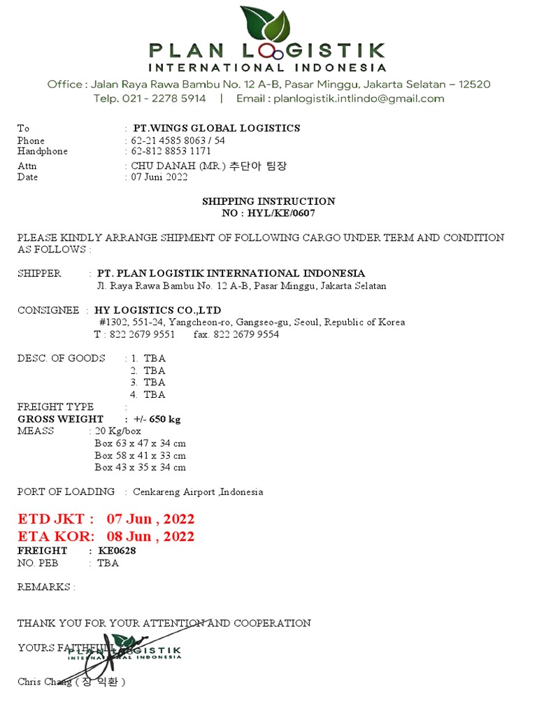 Shipping Instruction KE0628 | PDF