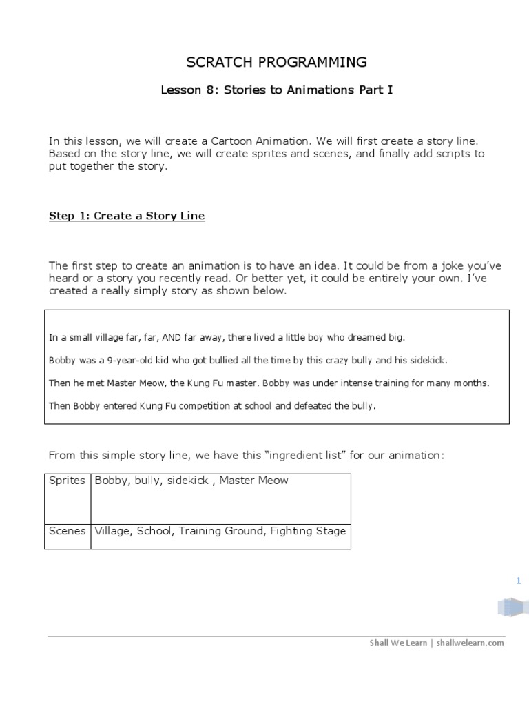 Scratch Lesson 8 From Stories To Animations Part I PDF Scratch