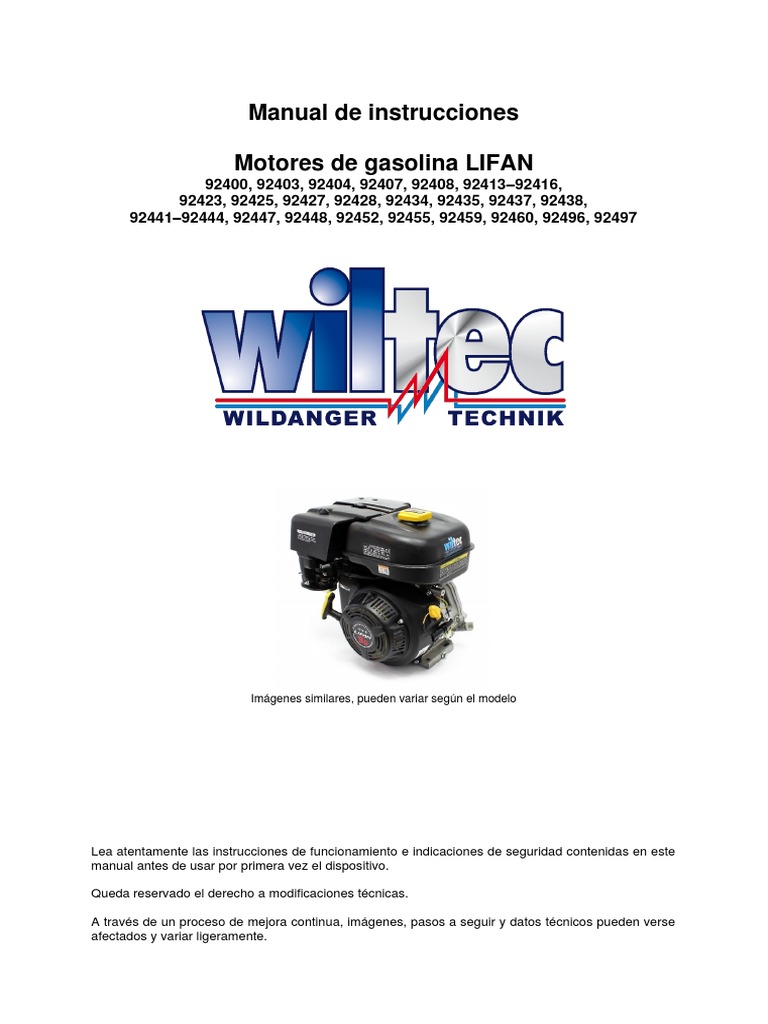 Manual de Instrucciones Motores de Gasolina LIFAN: Imágenes Similares, Pueden Variar Según El ...