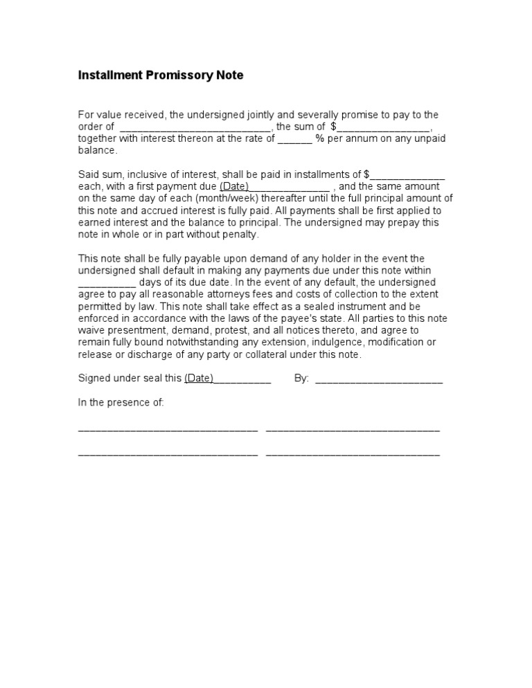 Installment Promissory Note Template | PDF