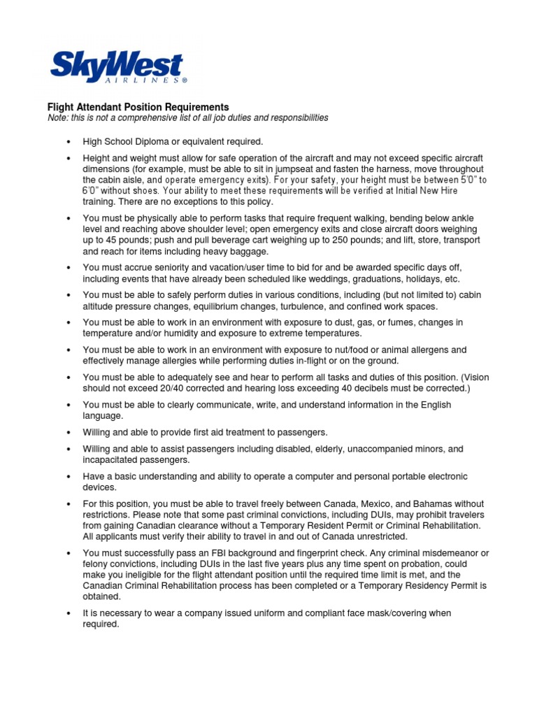 Flight Attendant Position Requirements PDF Flight Attendant