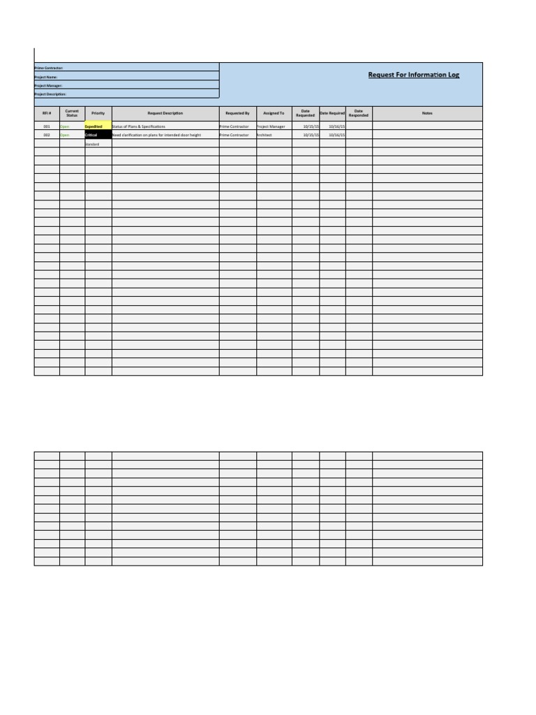 Excel Construction Project Management Templates Request For Information