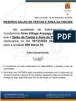 Reserva Salão de Festas e Piscina Condomínio Gran Village Araçagy III 19/12