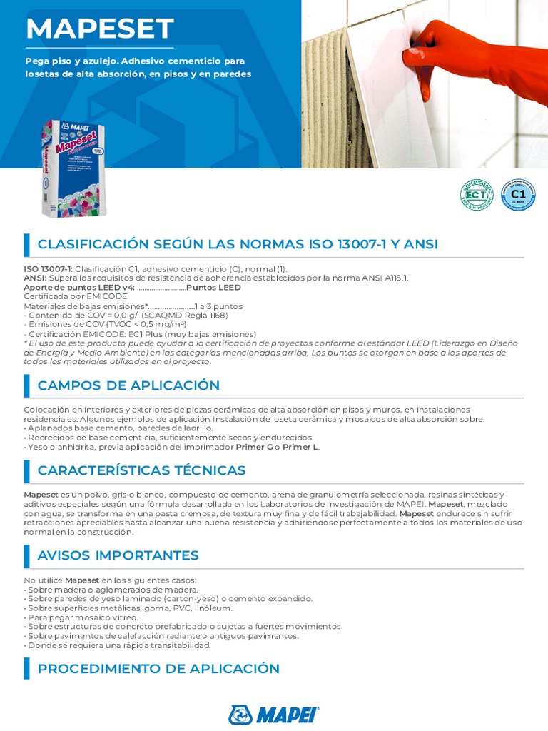 Adhesivo Cementicio Mapeset: ISO y ANSI | PDF | Agua | Hormigón