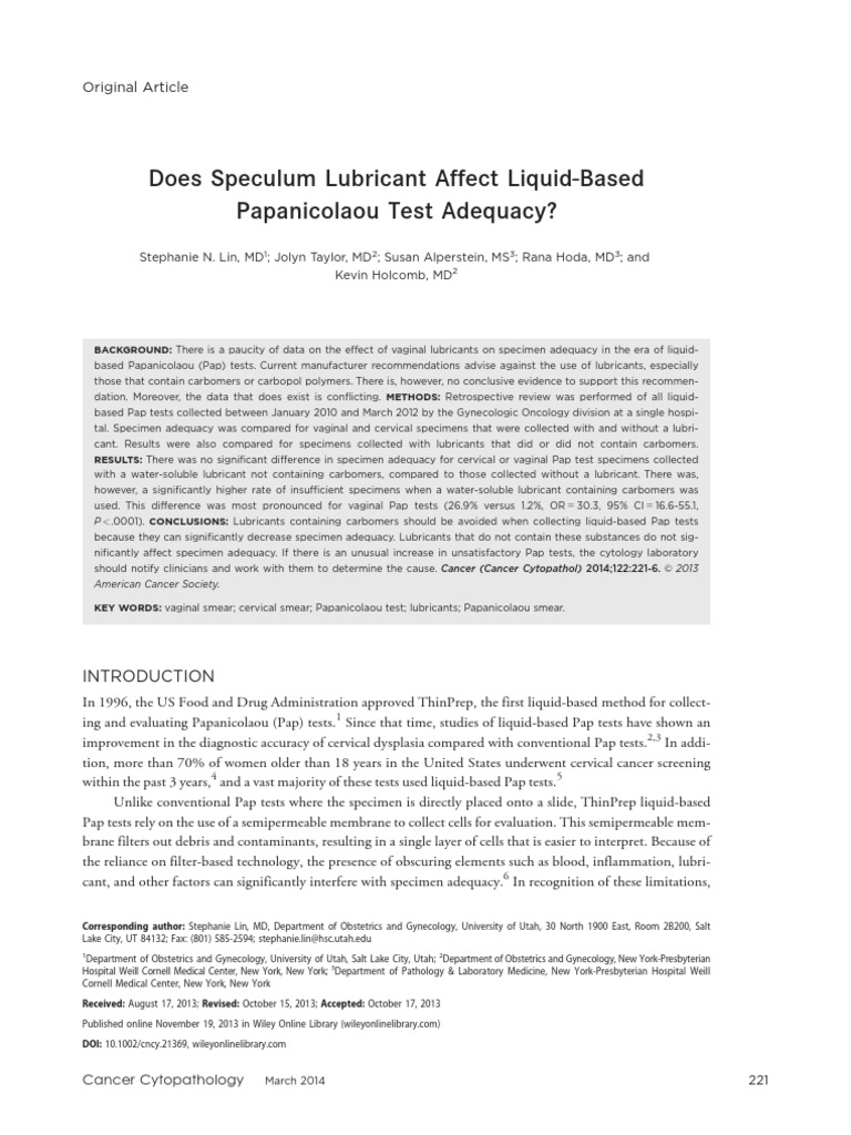 Does Speculum Lubricant Affect Liquid Based Papanicolaou Test Adequacy