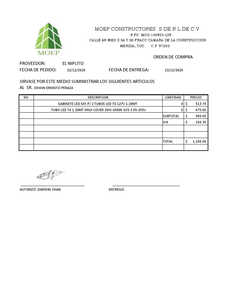 Orden de Compra Materiales | PDF