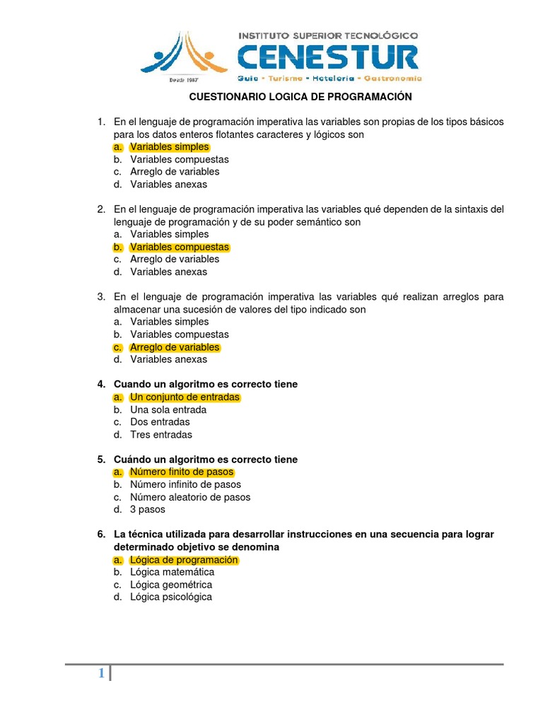 Cuestionario Logica De Programacion Para Herramientas Digitales