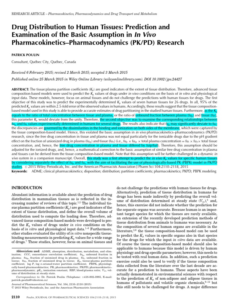 Drug Distribution To Human Tissues - Prediction and Examination of The ...