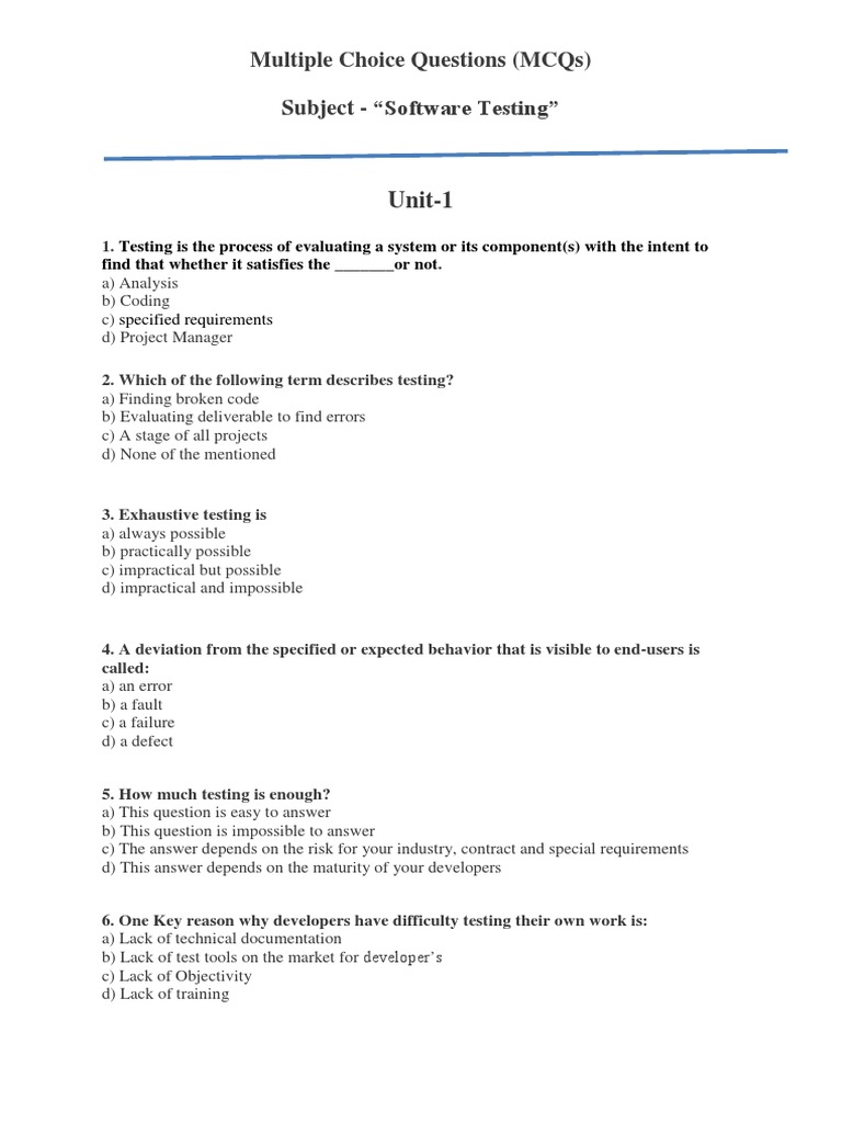 Software Testing MCQ Unit 1 PDF Software Testing Computing