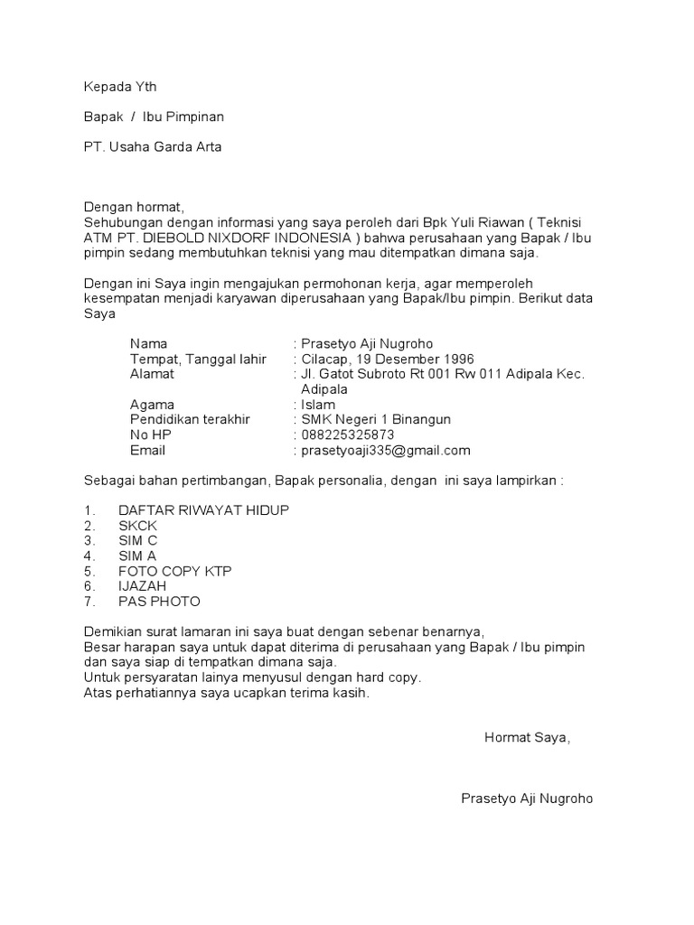 Surat Lamaran Kerja PT Pertamina | PDF