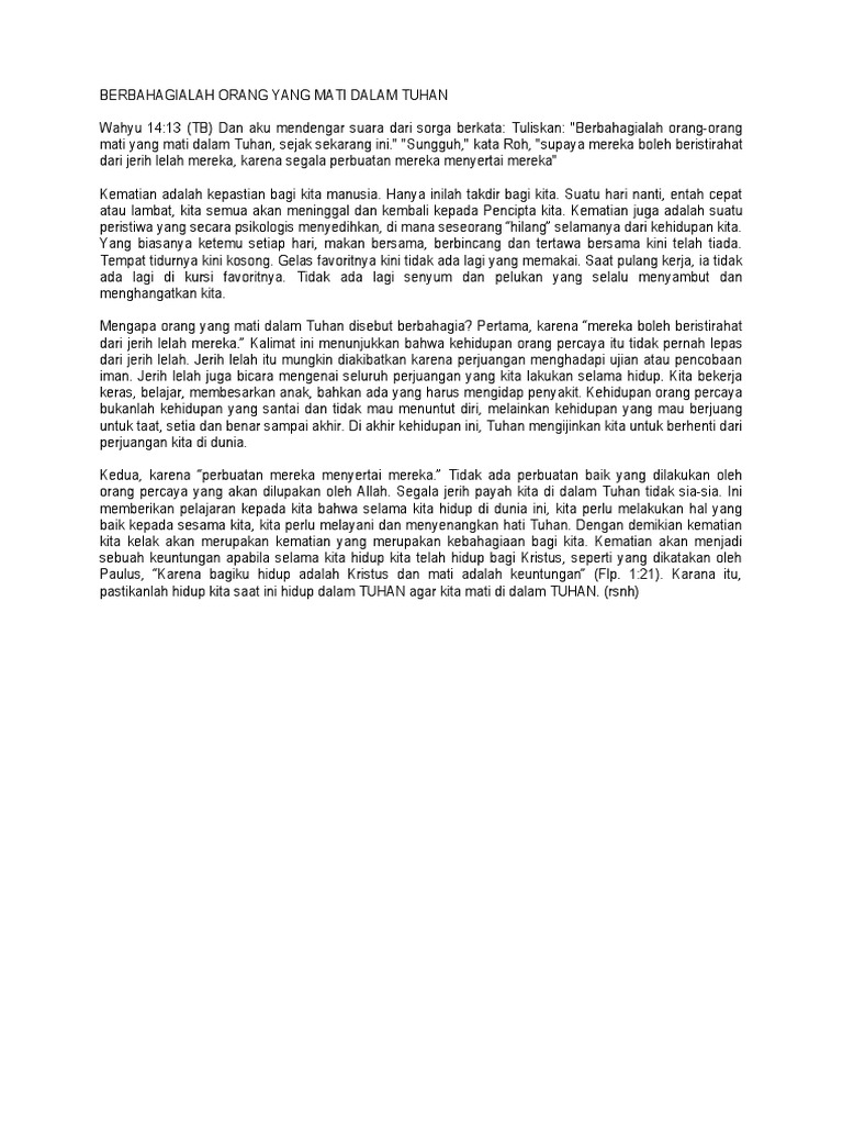Berbahagialah Orang Yang Mati Dalam Tuhan | PDF