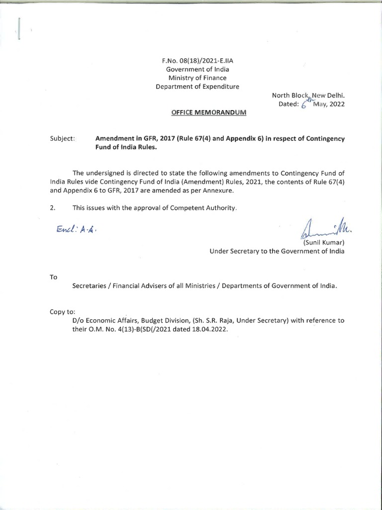 Amendment in GFR 67 (4), Appendix 6, Contingency Fund of India Rules PDF