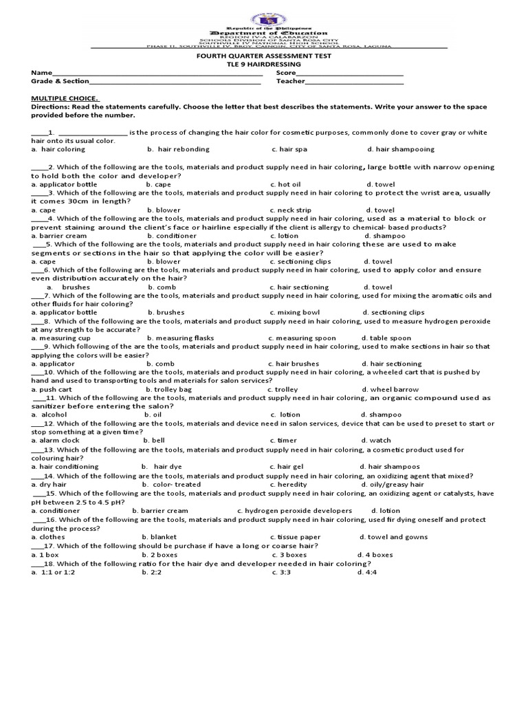 Hairdressing Assessment Test Guide | PDF | Integumentary System | Human ...