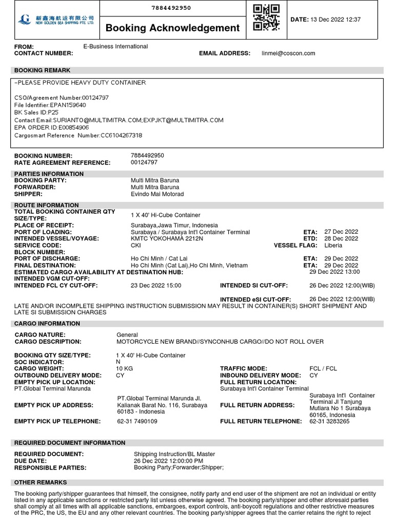 Booking Acknowledgement | PDF | Cargo | Freight Transport