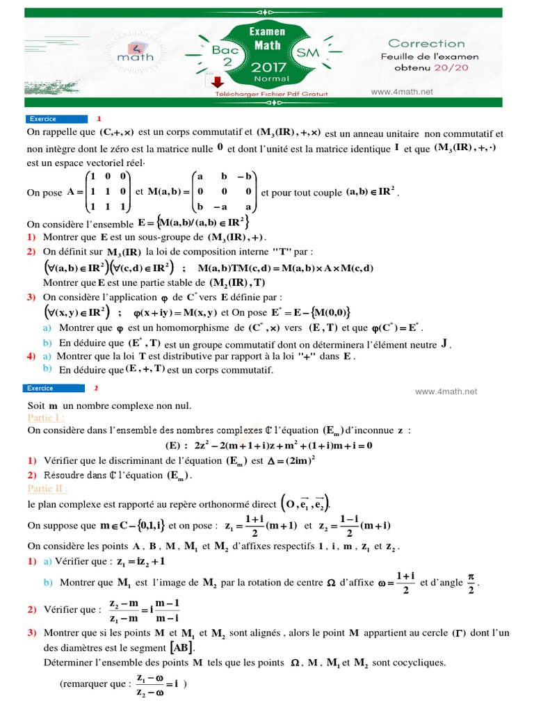 Correction Examen National Math 2017 | PDF | Nombre complexe | Matrice ...