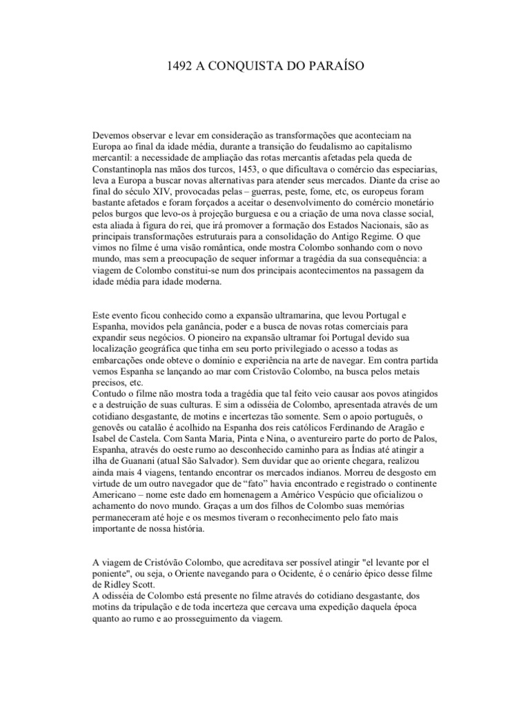 Resumo Do FILME 1492 A CONQUISTA DO PARAÍSO PDF