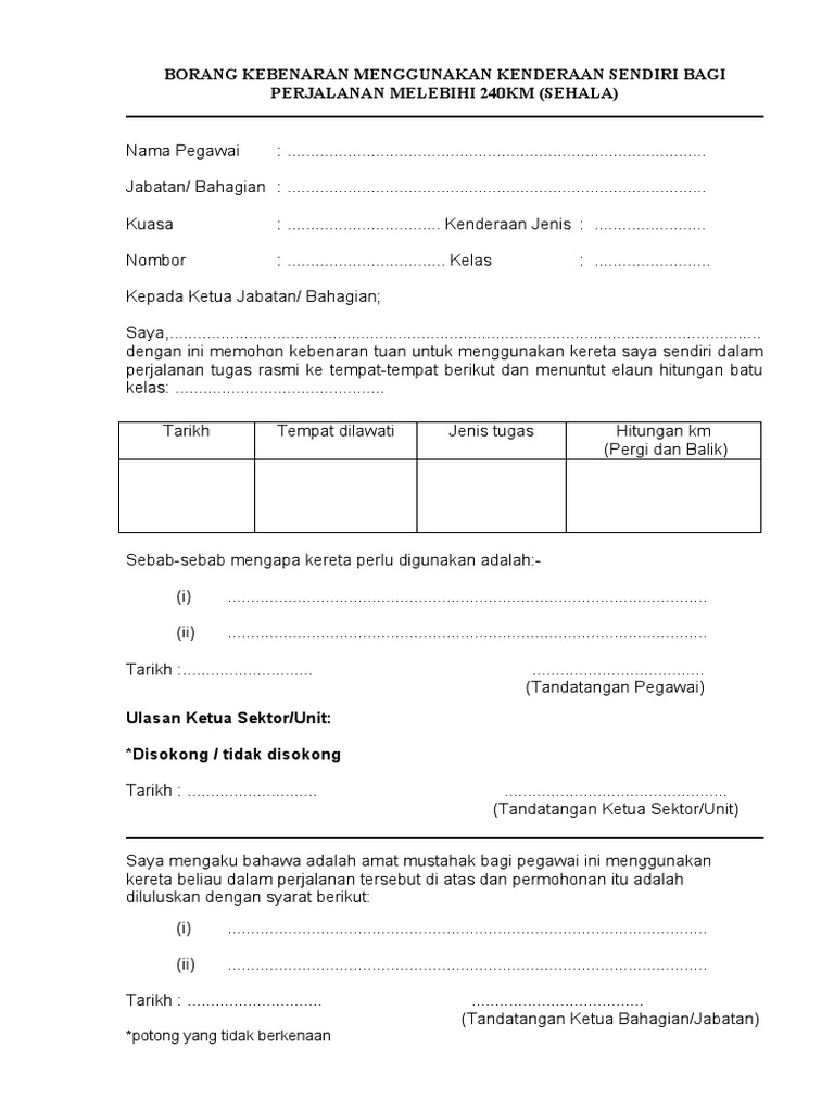5 Borang Membawa Kenderaan Sendiri Perjalanan Melebihi 240km Sehala | PDF