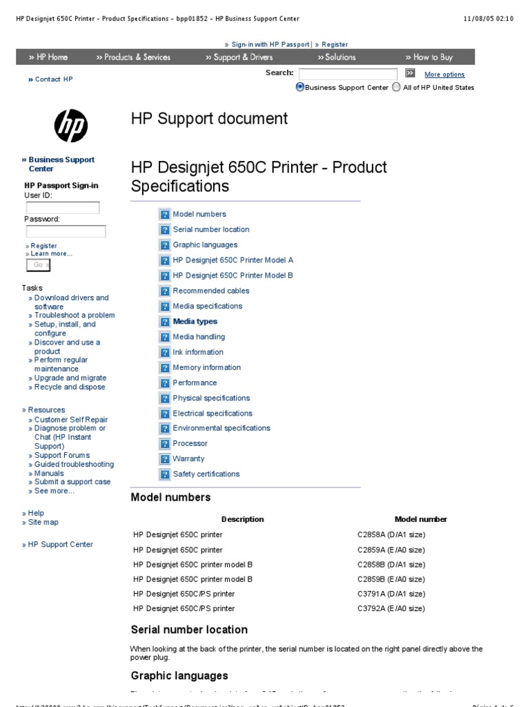 HP Designjet 650C Printer Product Specifications Bpp01852 HP
