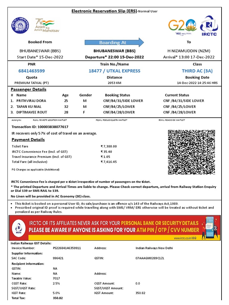 TKT - 3-Persons - BBSR To NDLS - 15-12-2022 | PDF | Identity Document