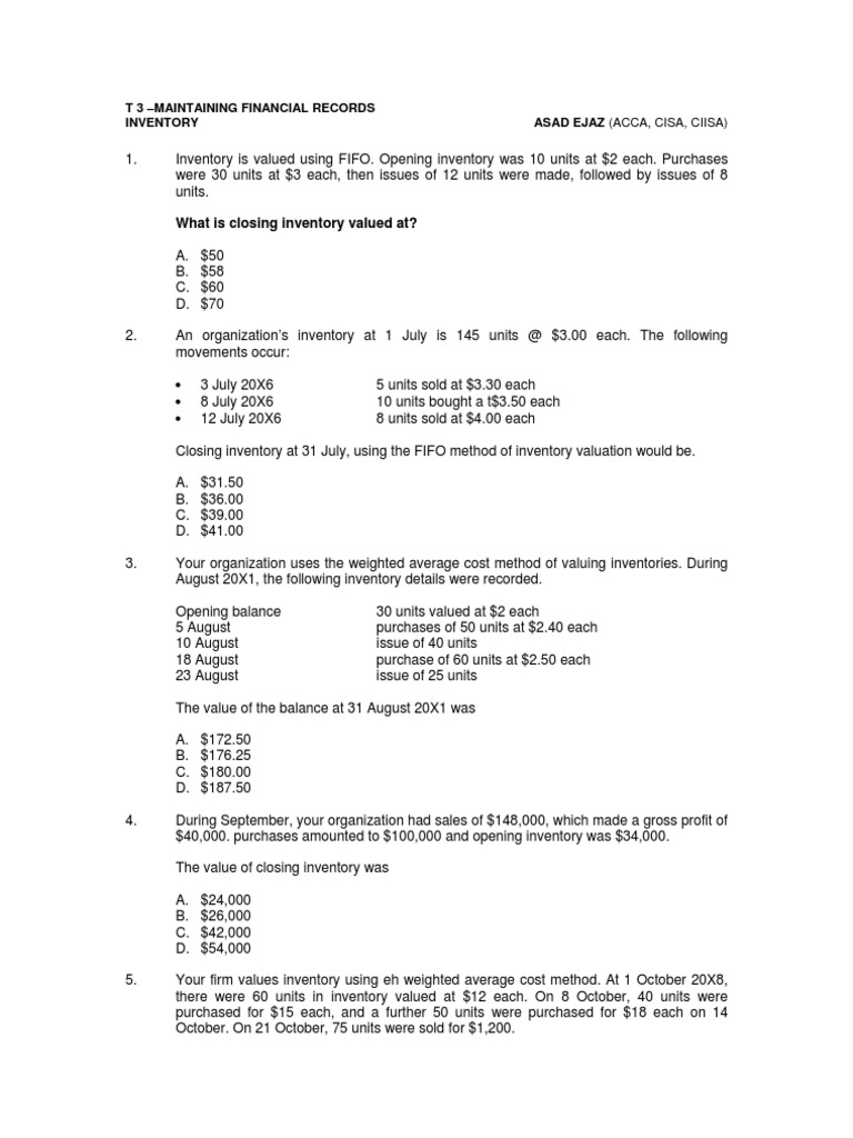 Stocks Questions) Inventory Valuation (Finance)