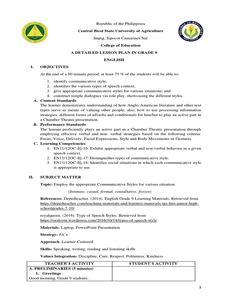 Grade 9 Communicative Styles Lesson Plan | PDF | Learning | Communication