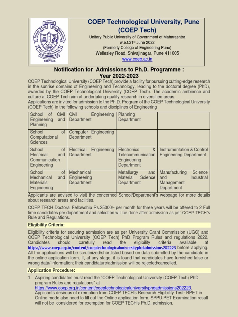 Notification Ph.D. Program Admission COEP Tech 2022-23 | PDF | Doctor ...