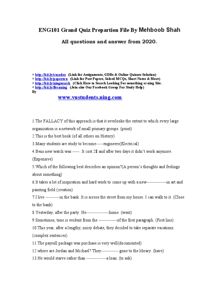 ENG101 Grand Quiz Prepartion File | PDF | Verb | Grammar