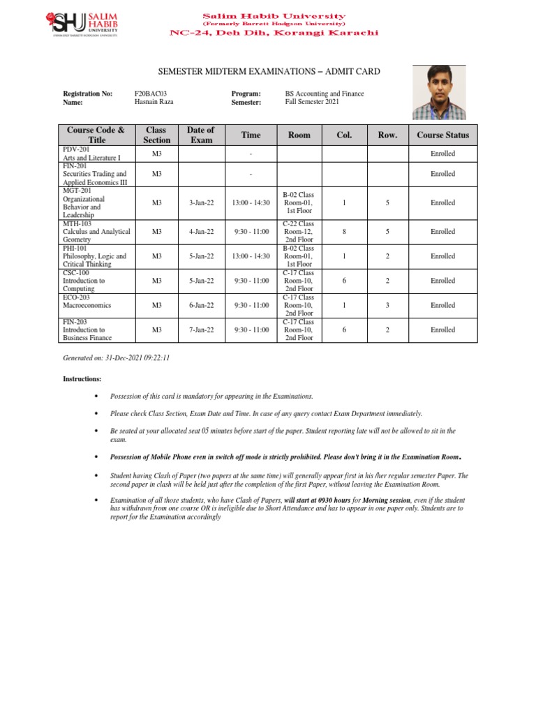 Mid Term Admit Card PDF