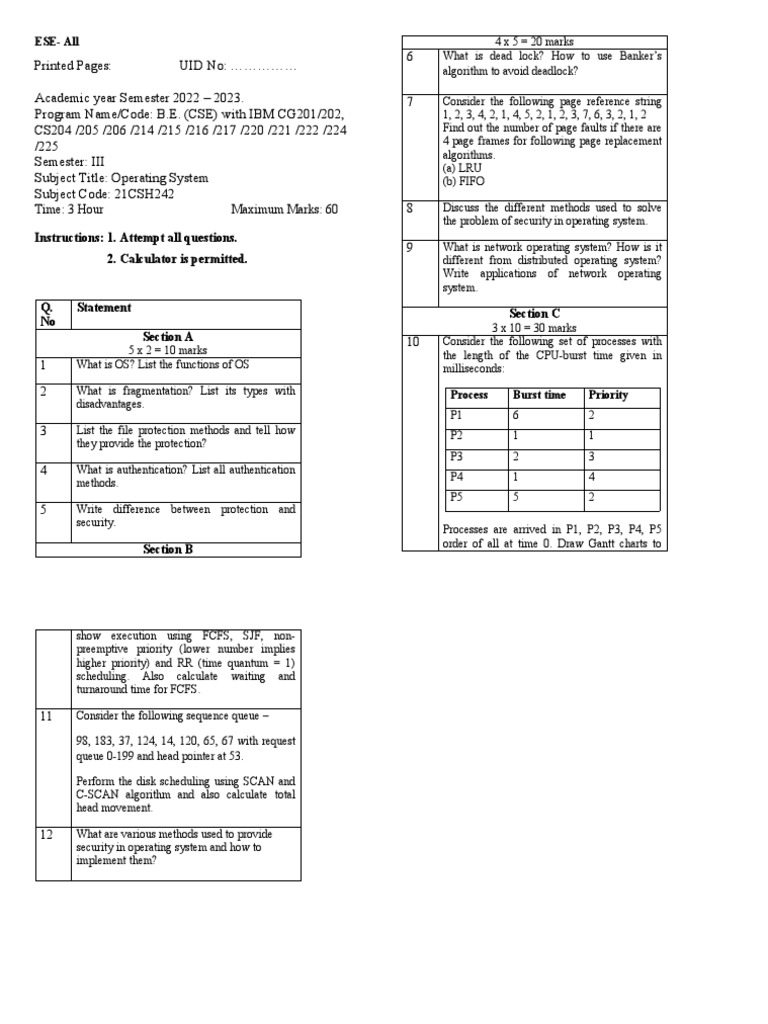 21CSH242 OS Model Paper | PDF | Scheduling (Computing) | Operating System