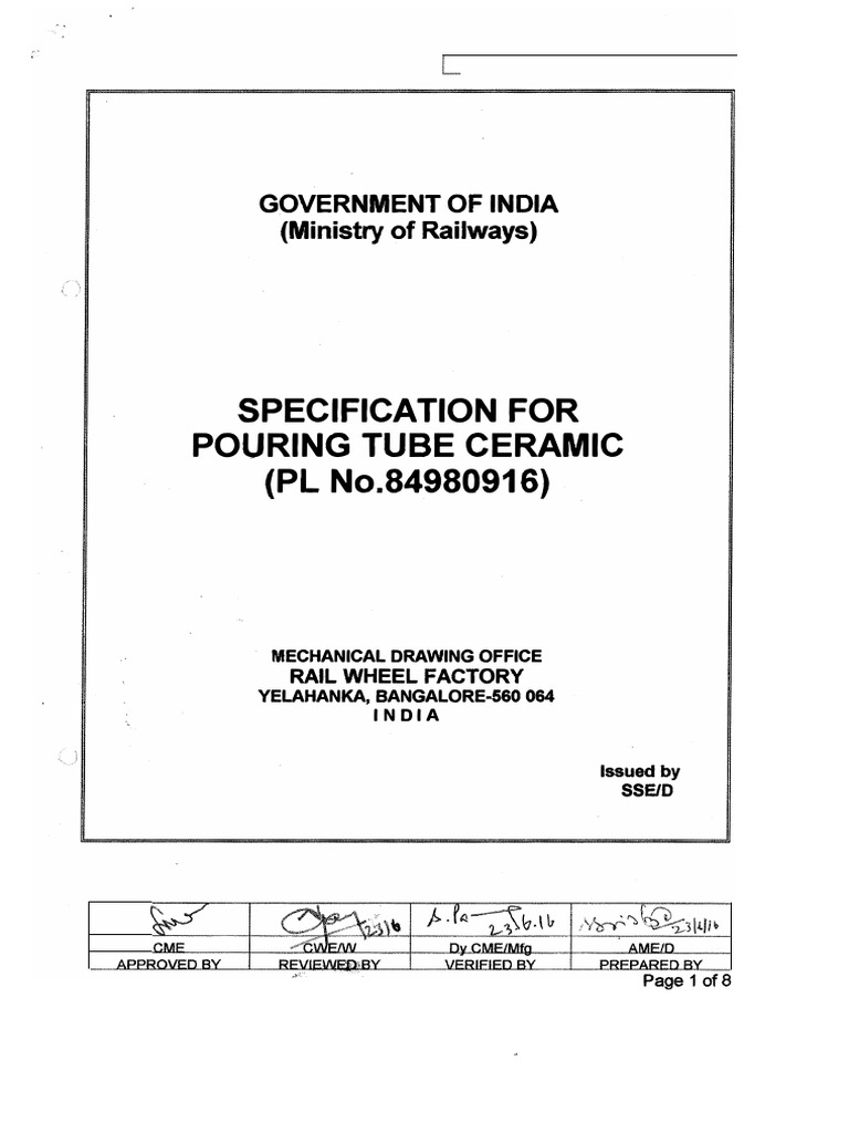 Specification for pouring tube ceramic critical requirements and