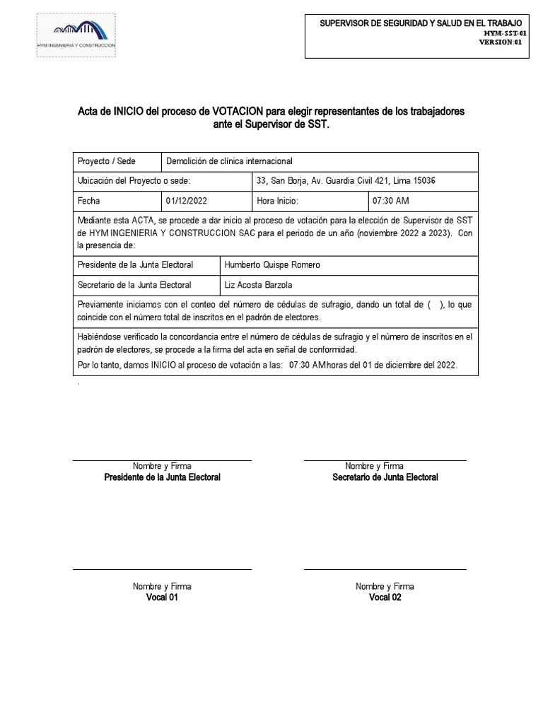 Acta de Inicio de Votación SST | PDF