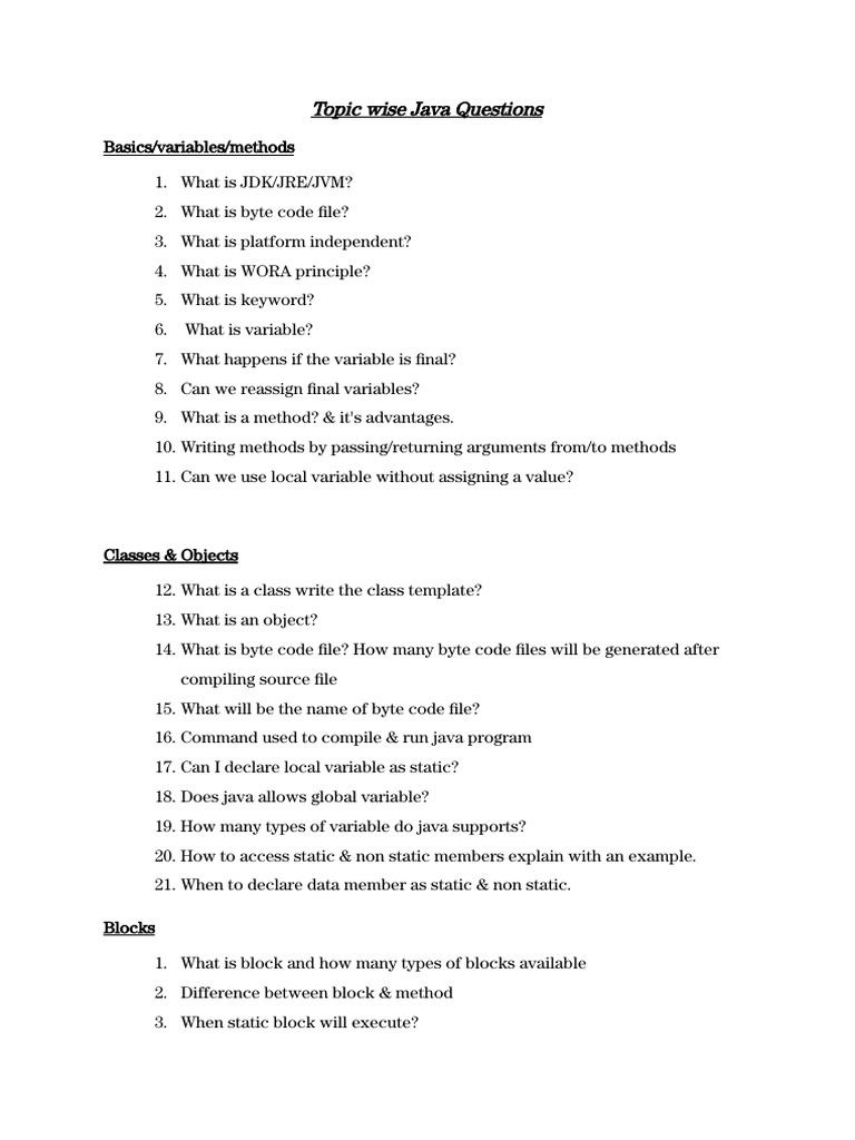 Topic Wise Java Questions | PDF | Class (Computer Programming) | Method ...