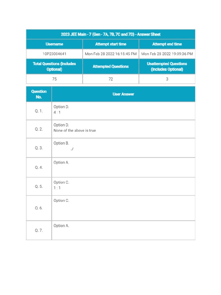 2023 JEE Main - 7 (Gen - 7A, 7B, 7C and 7D) - 10p23004641-Attempt | PDF