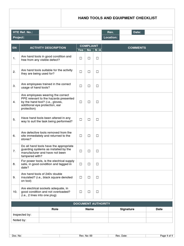 Hand tool equipment checklist pdf