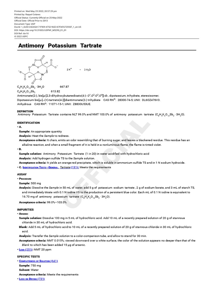 USPNF Antimony Potassium Tartrate PDF Diet & Nutrition Chemistry