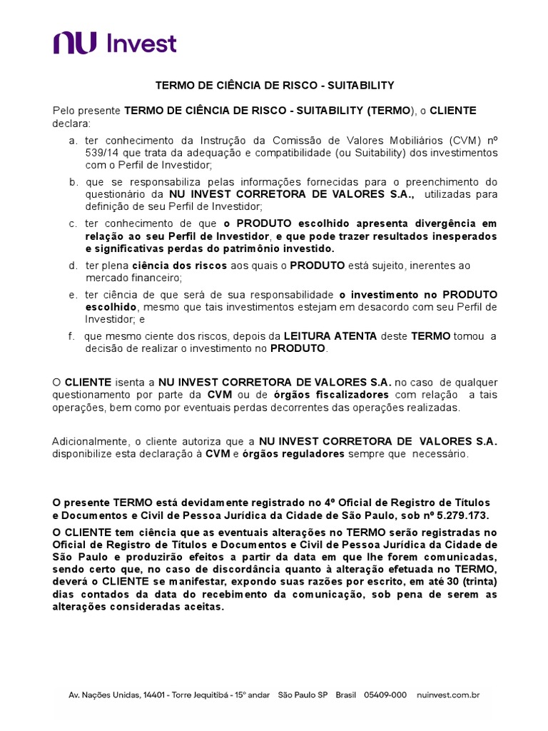 Termo de Ciencia de Risco Suitability | PDF | Negócios | Direito