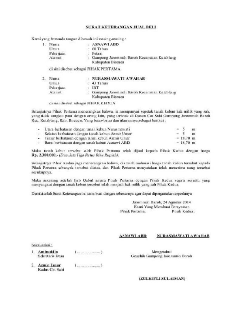 Contoh Surat Akta Jual Beli Tanah | PDF