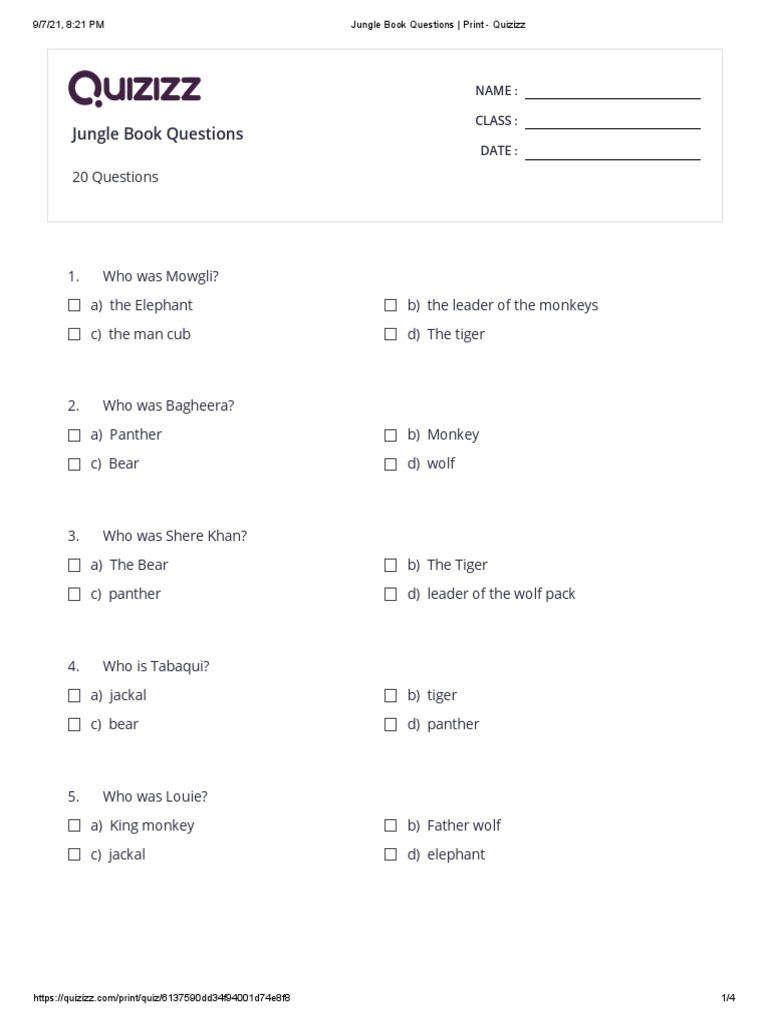 Jungle Book Questions Print Quizizz PDF Bagheera Baloo