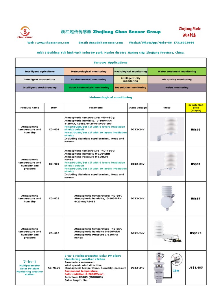 Zhejiang Chao Sensor Product Overview | PDF | Sensor | Weather