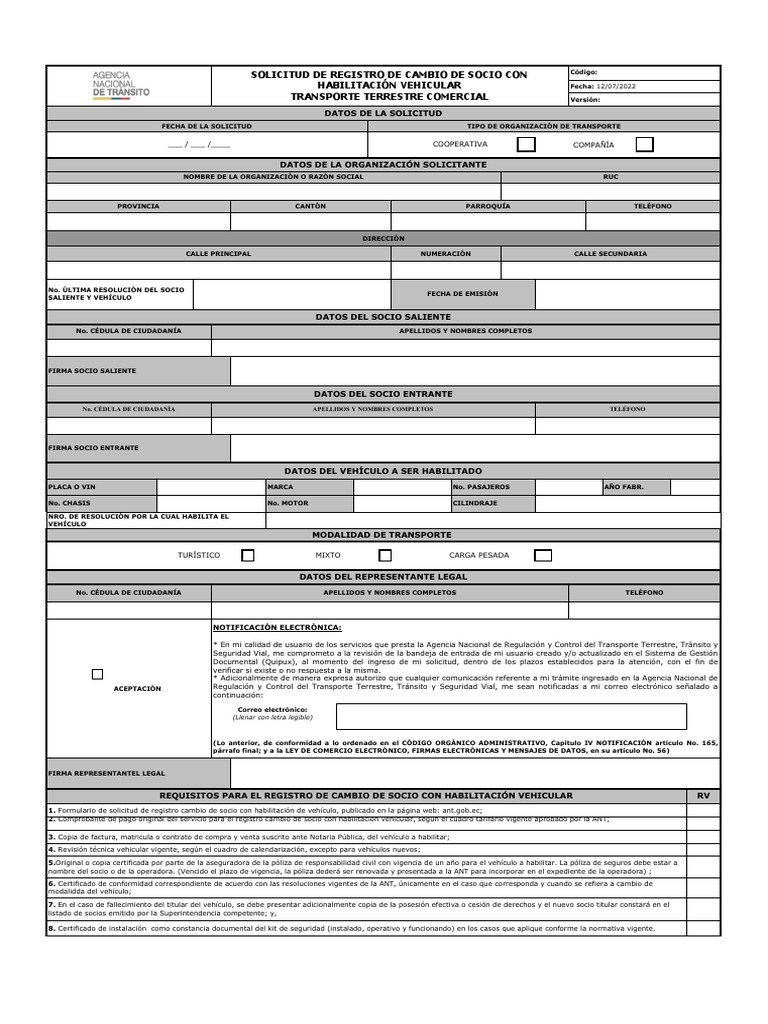 Formulario Cambio de Socio ANT | PDF | Póliza de seguros | Transporte