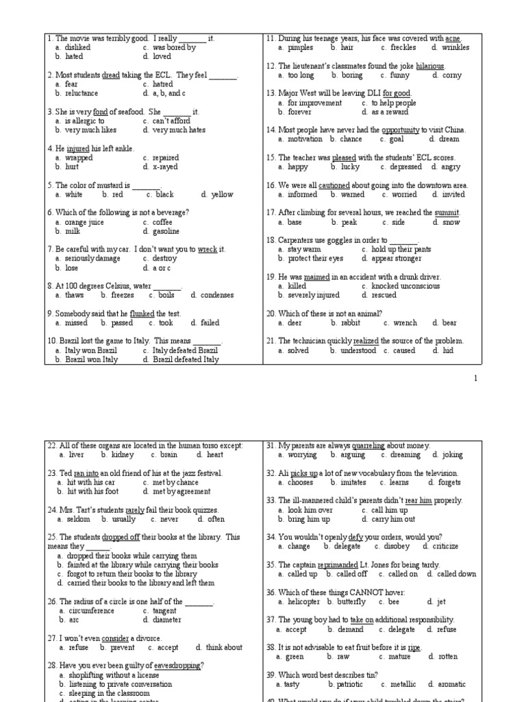 Analysis of Grammar, Vocabulary and Comprehension Questions from an English Language Proficiency
