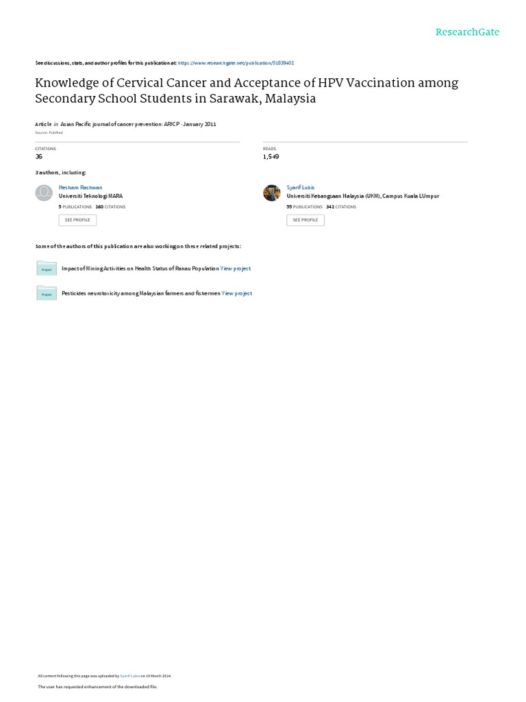 HPV Vaccination Awareness in Sarawak Students | PDF | Cervical Cancer ...