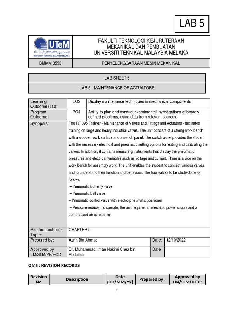 Lab 5 Maintennace of Actuator Drive | PDF | Valve | Gas Technologies