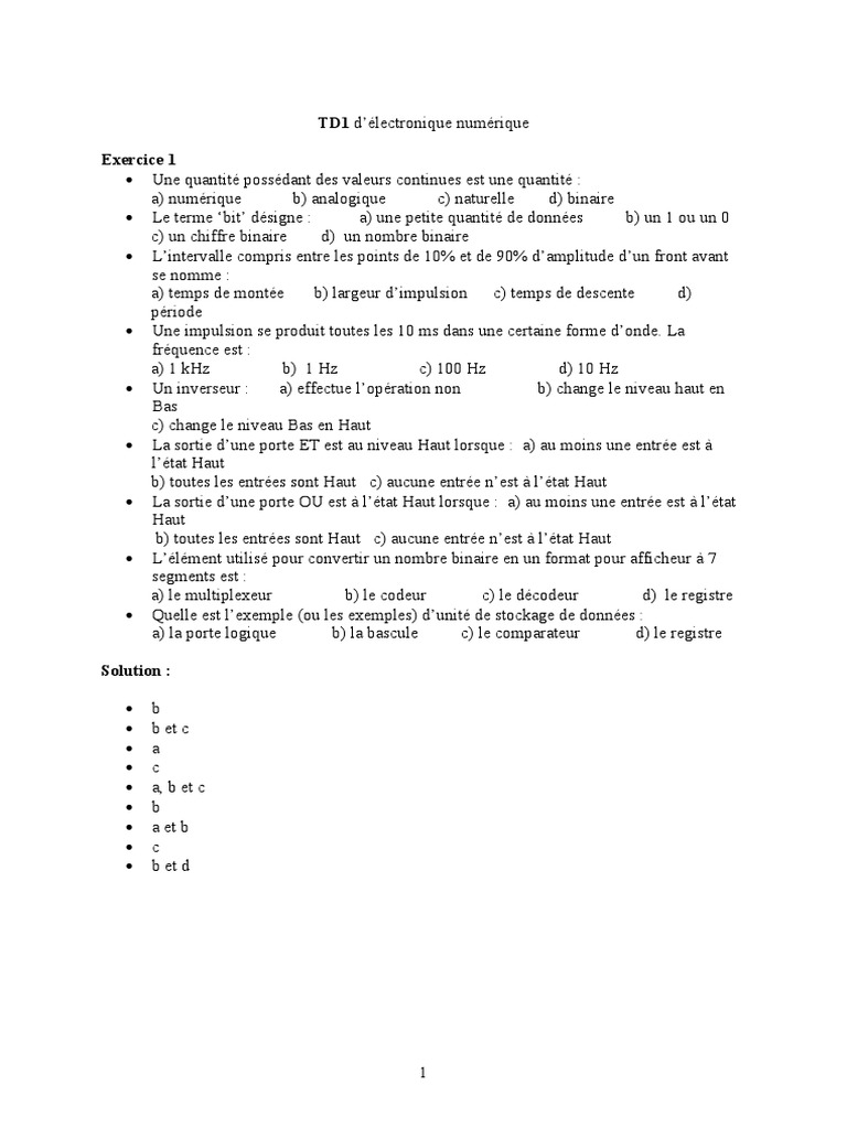 TD1 Électronique Numérique : Exercices et Solutions | PDF | Notation ...