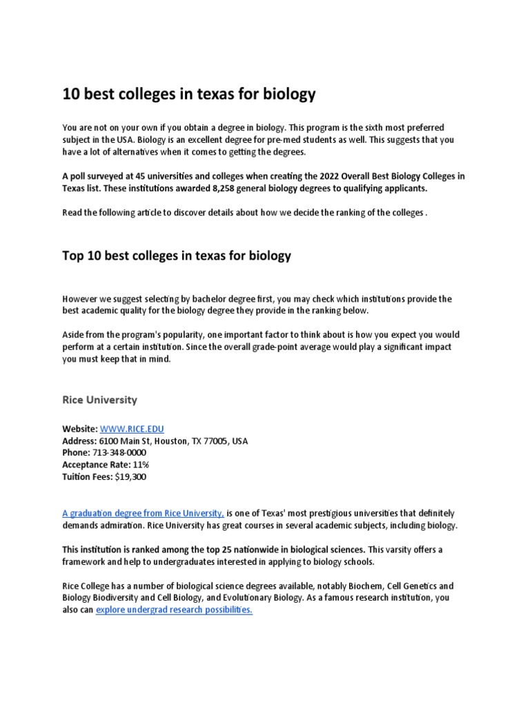10 Best Colleges in Texas For Biology PDF University And College