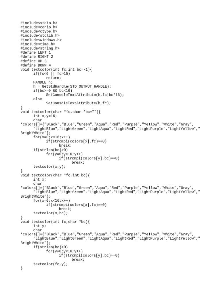 Snake Game in C - Functions for Color Manipulation and Game Logic | PDF ...