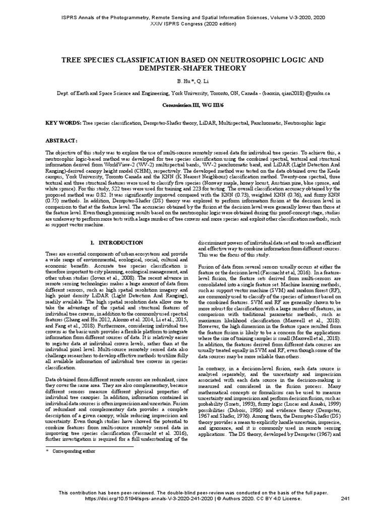 Tree species classification based on neutrosophic logic and dempster