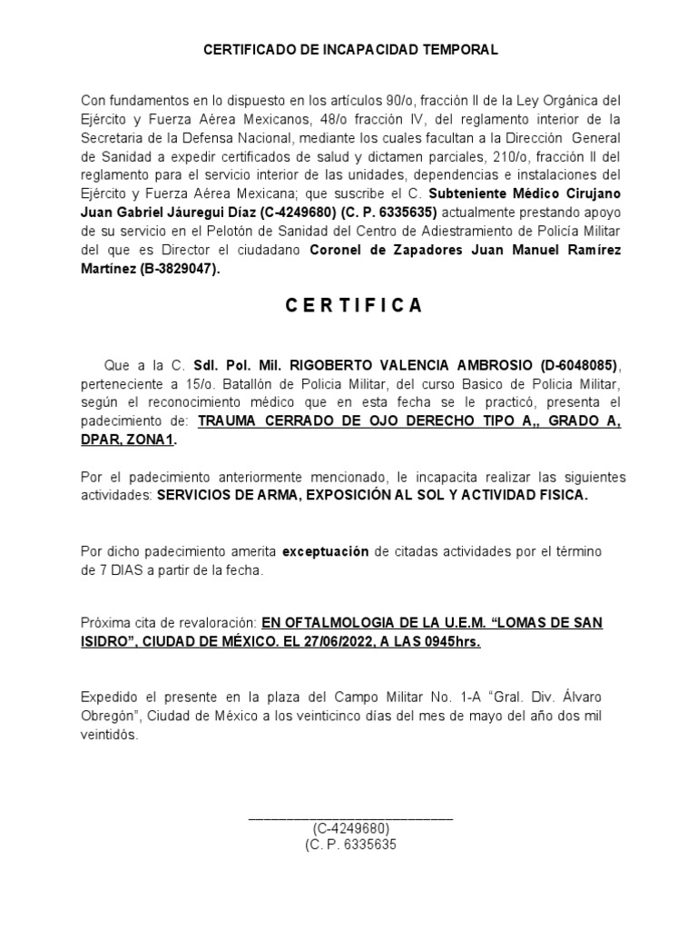 Certificado de Incapacidad Temporal | PDF | México | Oficial general